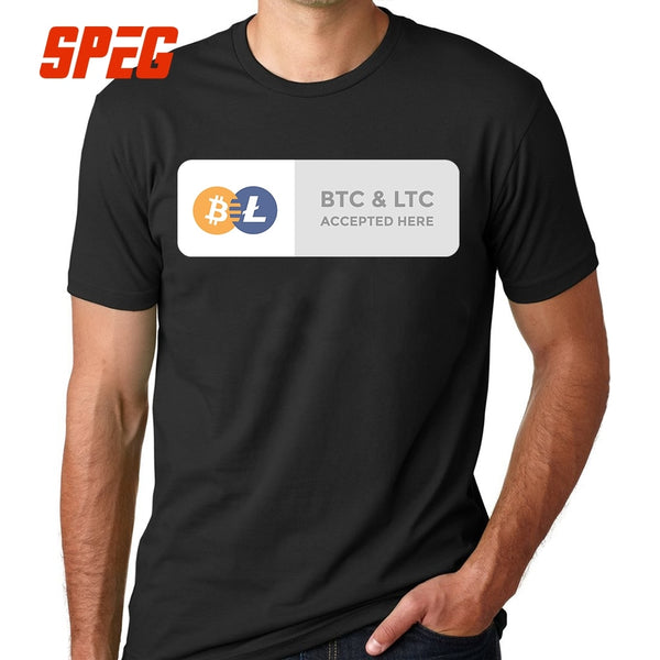 Casual T Shirts BTC & LTC Bitcoin & Litecoin Accepted Here Basic T-Shirt Men Relax Fit Short Sleeve Tee shirt - Crypto gear and stuff