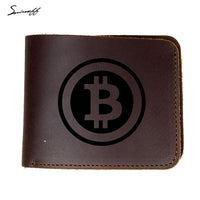 New Custom Engraved Digital currency Bitcoin Logo Wallet 4 Card Holders Purse Genuine Crazy Horse Leather Men Wallet - Crypto gear and stuff