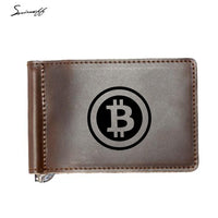 Men Purse Genuine Leather 2 Folded Rouble Note Wallet Male Engraved Digital currency Bitcoin Logo Money Clip with Metal Clamp - Crypto gear and stuff